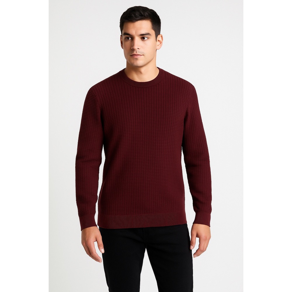 Halston Burgundy Waffle Knit Cotton‎ Cashmere Crewneck Sweater L Academia  76-33